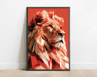 Geometric Lion Head Pop Art Print | Bold Red Low Poly Wall Art | Modern Home Décor