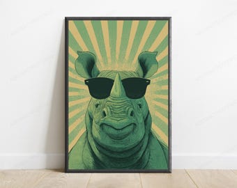 Lámina con estampado de rinoceronte con gafas de sol / Arte mural de animales estilo pop art / Decoración minimalista para el hogar / Descarga digital A3 A2 A1