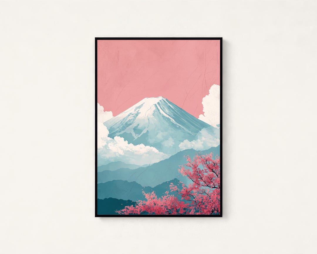Mount Fuji Cherry Blossom Landscape | Pink Sky Japanese Wall Art ...