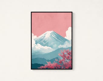 Paisaje de cerezos en flor del Monte Fuji / Cielo rosa Arte mural japonés / Lámina minimalista de naturaleza / Descarga digital A3 A2 A1