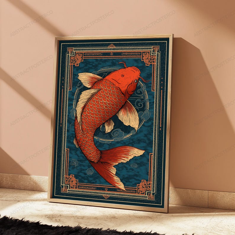 May include: A framed vertical wall art print featuring a vibrant orange koi fish swimming against a deep teal background. The artwork is enclosed within a decorative gold-toned geometric border with intricate patterns, set in a light wood frame.