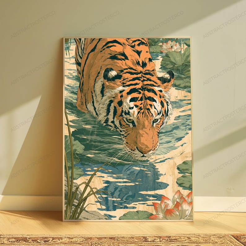 May include: A vertical wall art print featuring an orange and black tiger wading through shallow water. The scene includes green lily pads, tall reeds, and blooming lotus flowers in shades of white and pink, rendered in a stylized illustration.