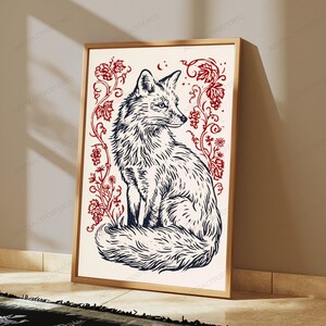 Lis z jagodami – wydruk liniowy | Ilustracja leśnego zwierzęcia | Dekoracja ścienna z motywem natury | Pobieranie cyfrowe A3 A2 A1 zdjęcie 5