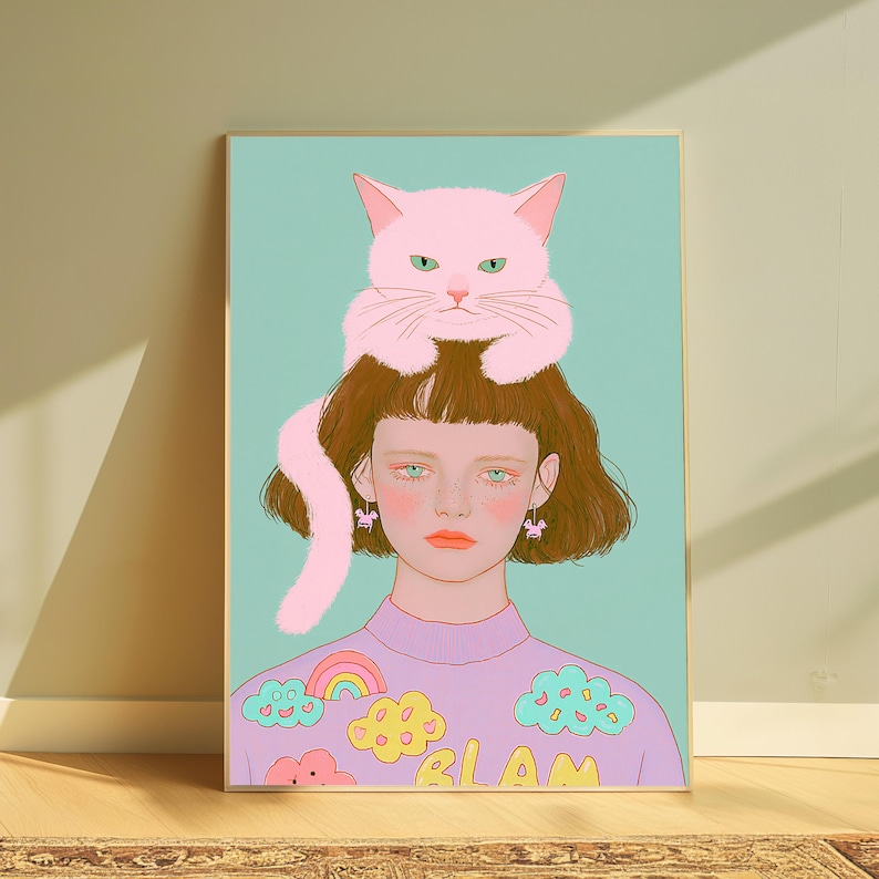Minimalistisk popkonst-tryck med flicka med rosa katt | Nyckfullt porträttväggkonst | Söt heminredning | Digital nedladdning A3 A2 A1 bild 5