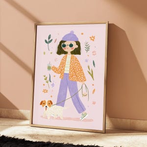 Impressão artística botânica de menina com cachorro | Retrato minimalista | Decoração de parede com estilo peculiar | Download digital A3 A2 A1 imagem 5