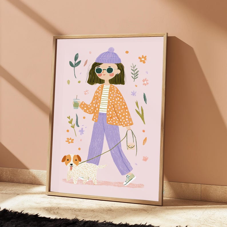 Impressão artística botânica de menina com cachorro | Retrato minimalista | Decoração de parede com estilo peculiar | Download digital A3 A2 A1 imagem 5