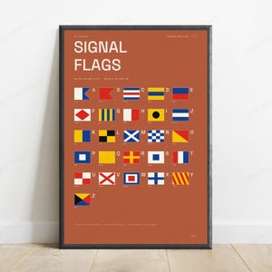 Tabla de banderas de señales internacionales de la A a la Z en terracota / Serie de aprendizaje náutico / Lámina decorativa educativa para pared