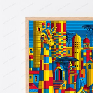 May include: A framed wall art print featuring a stylized giraffe and elephant set against a geometric cityscape. The composition uses a vibrant palette of yellow, blue, and red blocks to depict animals and architecture in a mosaic-like pattern.