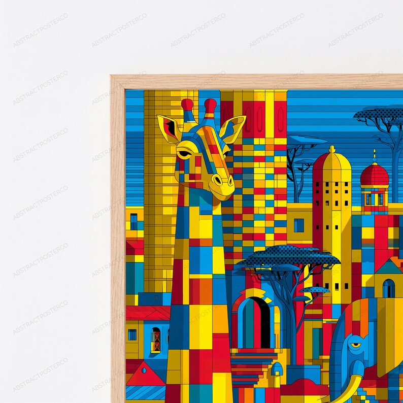 May include: A framed wall art print featuring a stylized giraffe and elephant set against a geometric cityscape. The composition uses a vibrant palette of yellow, blue, and red blocks to depict animals and architecture in a mosaic-like pattern.