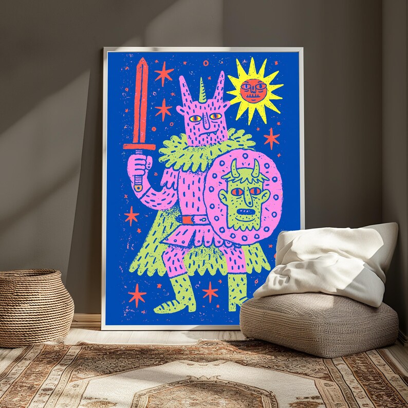 Kolorowy wydruk pop-art z mieczem demona | Mistyczne stworzenie na ścianę | Żywy, surrealistyczny wystrój | Pobieranie cyfrowe A3 A2 A1 zdjęcie 5
