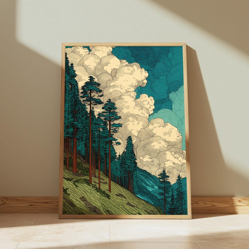 Puede incluir: Una l&aacute;mina de arte vertical que muestra un paisaje con pinos altos y delgados en una ladera cubierta de hierba. La escena incluye grandes nubes voluminosas de color crema sobre un cielo azul verdoso profundo, con texturas de bosque verde.