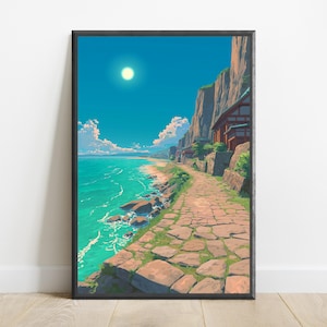 K&ouml;nnte beinhalten: Ein gerahmter Wandkunstdruck, der eine K&uuml;stenlandschaft mit einem Steinpfad zeigt, der sich entlang einer Klippe &uuml;ber einem t&uuml;rkisfarbenen Meer unter einer hellen Sonne schl&auml;ngelt. Die Szene umfasst traditionelle Holzgeb&auml;ude am felsigen Gel&auml;nde.
