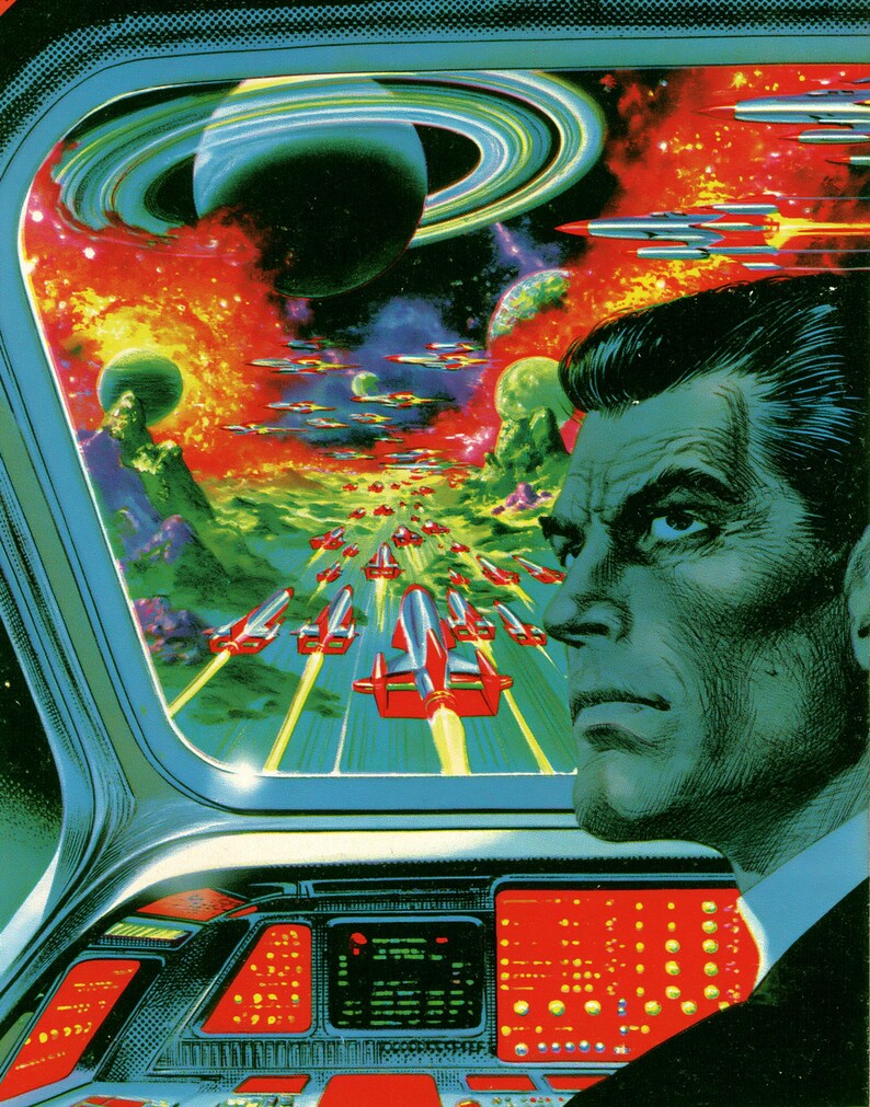 May include: A science fiction illustration featuring a person in a cockpit looking out at a space battle. The view shows red and silver rocket ships flying toward a ringed planet amidst a vibrant nebula. The control panel has glowing red displays.