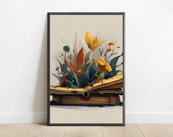 Magical Book Art Print | Blooming Flowers Japanese Minimalist | Literary Wall Decor | Instant Digital Download