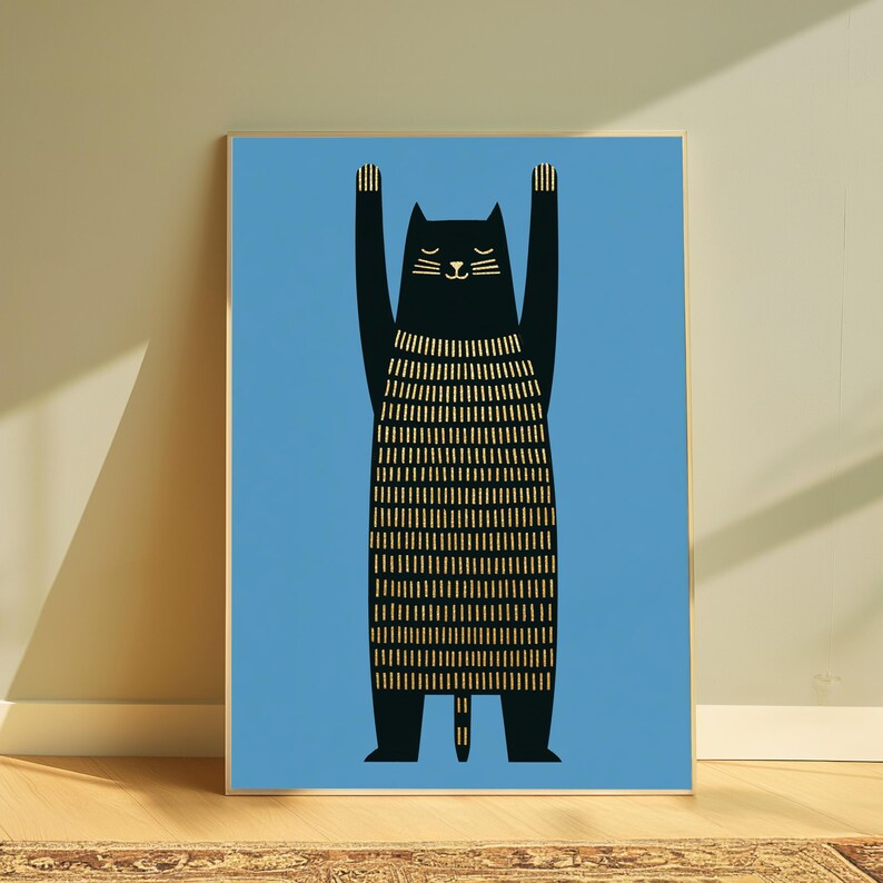 Zwarte kat met gouden strepen minimalistische print | Serene zittende kat muurkunst | Modern woondecoratie | Digitale download A3 A2 A1 afbeelding 4