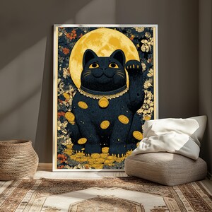 Black Lucky Cat with Moon | Maneki Neko Gold Coin Art Print | Prosperity Wall Decor | Digital Download A3 A2 A1 image 3
