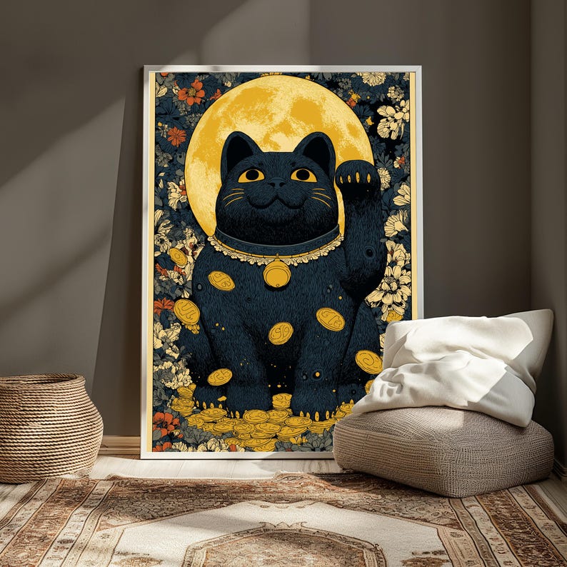 Black Lucky Cat with Moon | Maneki Neko Gold Coin Art Print | Prosperity Wall Decor | Digital Download A3 A2 A1 image 3