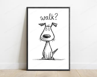 Confused Dog Walk Wall Art Print | Funny Pet Minimalist | Line Drawing Home Decor | Digital Download A3 A2 A1
