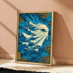 May include: A framed rectangular wall art print featuring a stylized white, flowing, ghost-like figure with a single prominent blue eye, set against a deep blue background of swirling clouds and gold accents, with vertical Japanese text in the corner.