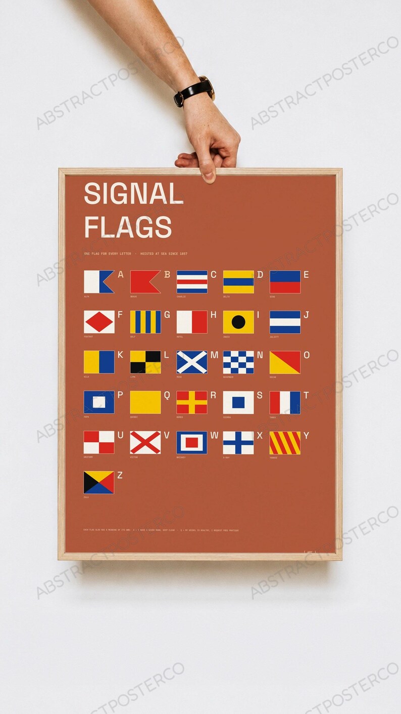 International Signal Flags A-Z Chart in Terracotta, held up in a room