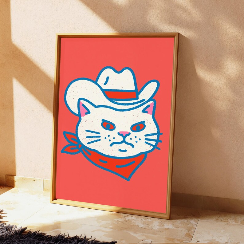 Cowboy Cat Pop Art Print | Western Feline Wall Art | Retro Animal Portrait | Digital Download A3 A2 A1 image 4