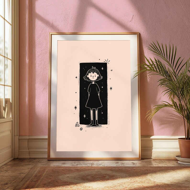 May include: A framed wall art print featuring a black and white illustration of a person with short hair wearing a simple dress. The figure stands inside a dark rectangular frame surrounded by small star shapes against a solid light peach background.