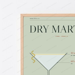 Dry Martini Cocktail Recipe Print in Sage | Classic Bar Art | Minimalist Kitchen Wall Decor image 2