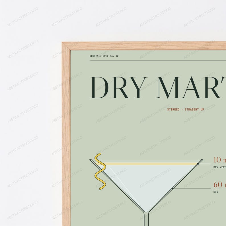 Dry Martini Cocktail Recipe Print in Sage | Classic Bar Art | Minimalist Kitchen Wall Decor image 2