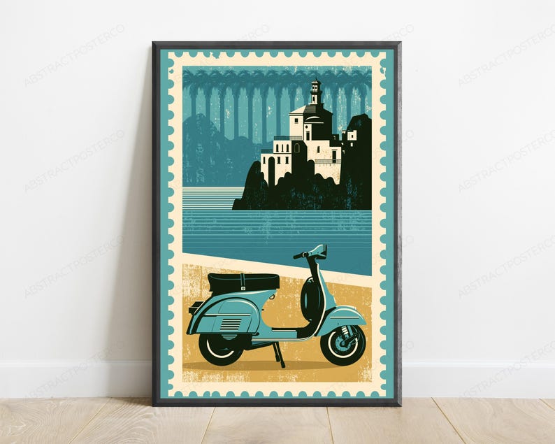 May include: A framed wall art print designed like a postage stamp featuring a light blue scooter parked on a tan surface. The background displays a coastal scene with a white building on a dark cliffside overlooking blue water and a bridge.