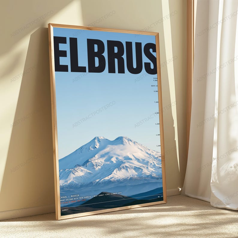 Elbrus Volcano Elevation Print | Minimalist Travel Poster | Mountain Landscape Wall Art image 5