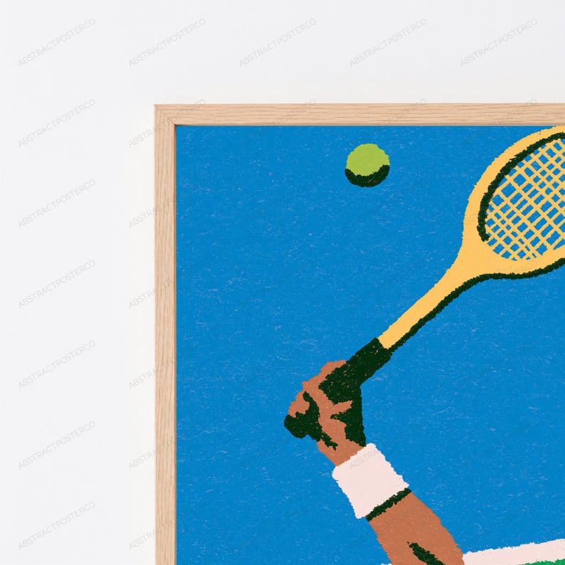 May include: A framed wall art print featuring a textured illustration of a tennis racket held by a hand wearing a white wristband, positioned against a solid blue background with a single green tennis ball floating in the upper portion of the frame.