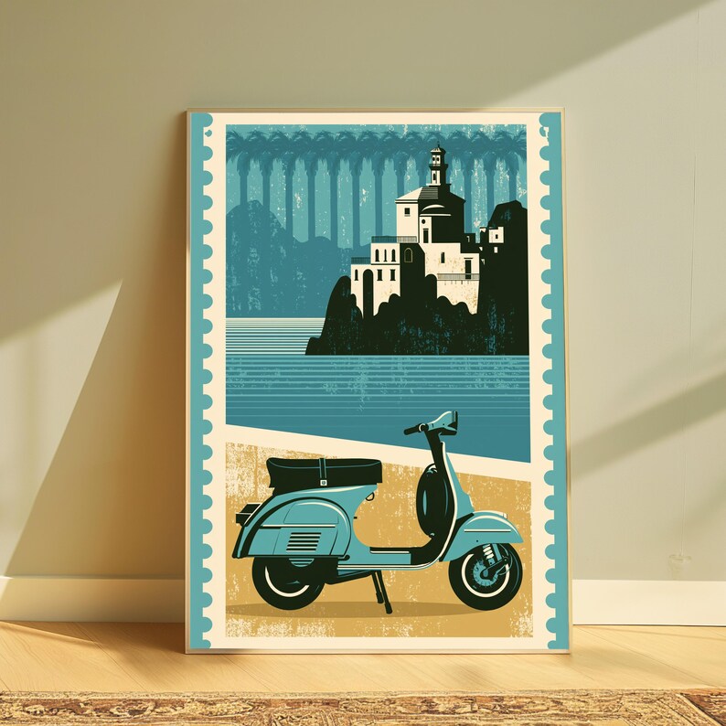Lámina con diseño de scooter y castillo costero / Póster de viaje vintage / Decoración de pared retro playera / Descarga digital A3 A2 A1 imagen 2