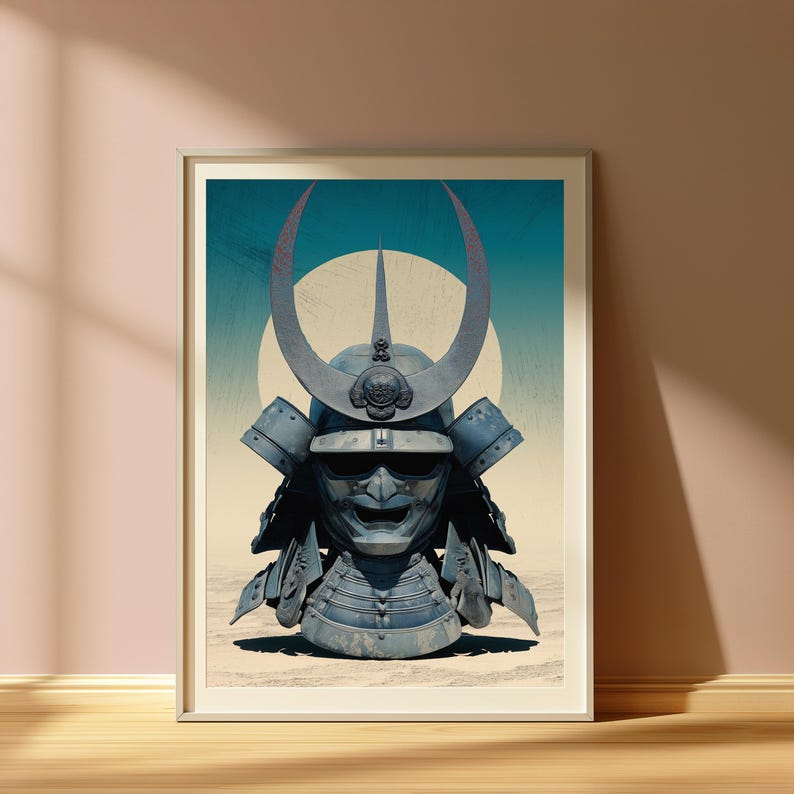 Samurai Kabuto Helmet Minimalist Art Print | Warrior Armour Wall Art | Japanese Shogun Decor | Digital Download A3 A2 A1 image 3