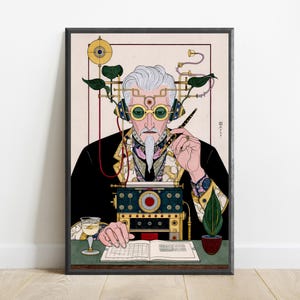 May include: A framed art print depicting a person with white hair and a goatee wearing green-tinted goggles and headphones connected to a complex mechanical device. The person holds a pen over an open book, with a glass and a small plant nearby.