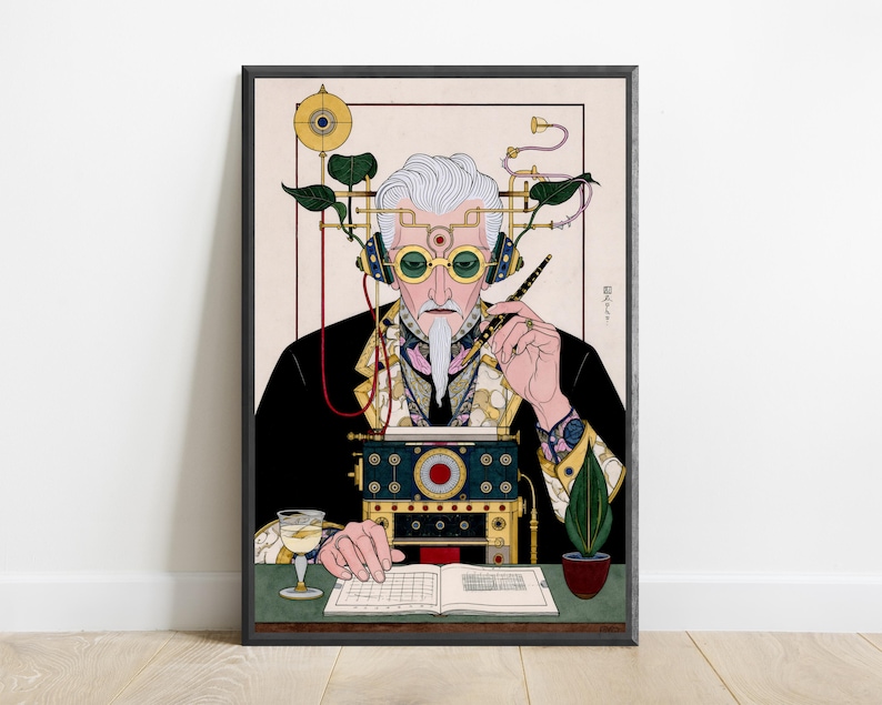 May include: A framed art print depicting a person with white hair and a goatee wearing green-tinted goggles and headphones connected to a complex mechanical device. The person holds a pen over an open book, with a glass and a small plant nearby.