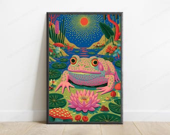 Neon Frog Lily Pond Pop Art Print | Colorful Toad Wall Art | Maximalist Nature Decor | Digital Download A3 A2 A1