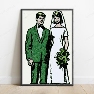 May include: A framed wall art print featuring a stylized illustration of a couple in wedding attire. The figure on the left wears a green suit with a black bowtie, while the figure on the right wears a white gown, veil, and holds a green bouquet.