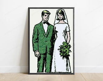 Lámina de arte pop retro de los años 60 para una pareja de recién casados ​​/ Retrato de novios en semitonos (descarga digital)