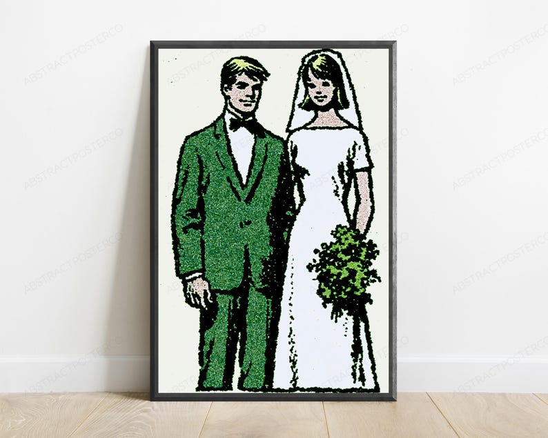 May include: A framed wall art print featuring a stylized illustration of a couple in wedding attire. The figure on the left wears a green suit with a black bowtie, while the figure on the right wears a white gown, veil, and holds a green bouquet.