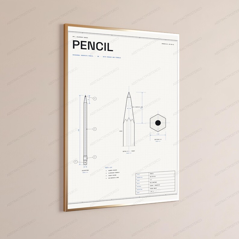 Technische tekening met potlood | Technische schematische tekening als wanddecoratie | Minimalistische designposter afbeelding 3