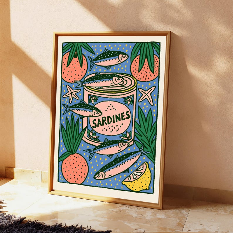 Impressão artística de sardinhas em lata | Decoração de parede retrô para cozinha | Arte minimalista para despensa | Download digital A3 A2 A1 imagem 10