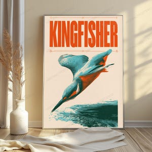 Pôster vintage de mergulho do martim-pescador | Arte de parede retrô com pássaros | Decoração moderna inspirada na natureza imagem 4