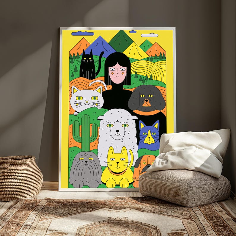 May include: A rectangular wall art print featuring a yellow background with a central figure surrounded by various animals including cats, a dog, and a sheep. The scene includes stylised mountains, rolling hills, and a cactus in a flat, graphic illustration style.