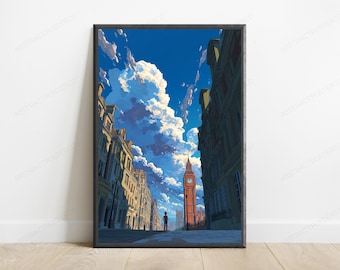 London Street Scene Big Ben Print | Anime Minimalist Architecture Wall Art | Urban Landscape Digital Download | Calm Sky Home Décor