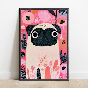 K&ouml;nnte beinhalten: Ein gerahmter Kunstdruck mit einer stilisierten Illustration eines beigen Mopses mit schwarzer Gesichtsmaske. Der Hund ist vor einem leuchtend rosa Hintergrund zentriert, der mit abstrakten Blumenformen, Bl&auml;ttern und Stielen in Koralle und Schwarz gef&uuml;llt ist.