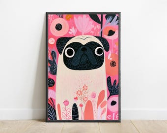 Cute Pug Pop Art Print | Pink Floral Minimalist | Funny Dog Wall Art | Pet Lover Decor | Digital Download A3 A2 A1