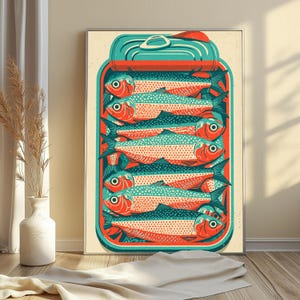 May include: A vertical rectangular wall art print featuring a stylized illustration of an open tin can filled with stacked sardines. The fish are rendered in shades of teal, orange, and cream with a dotted texture, set against a light cream background.
