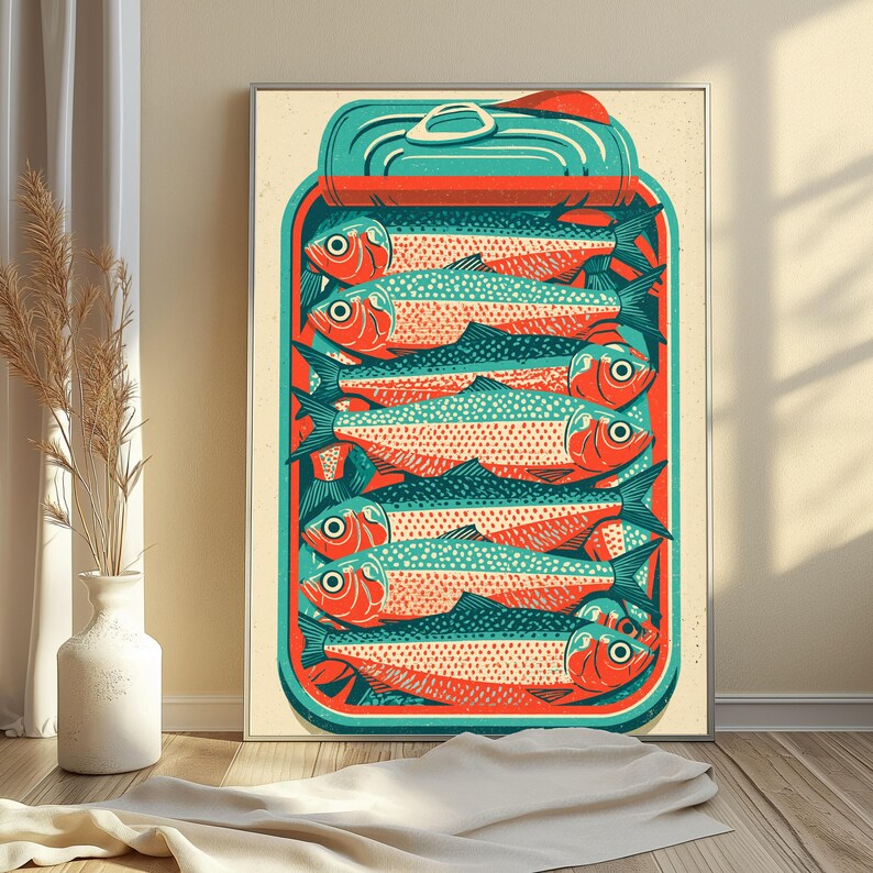May include: A vertical rectangular wall art print featuring a stylized illustration of an open tin can filled with stacked sardines. The fish are rendered in shades of teal, orange, and cream with a dotted texture, set against a light cream background.