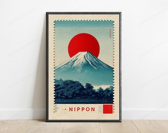 Mount Fuji Postage Stamp Japanese Art Print | Vintage Stamp Wall Art | Retro Japan Poster | Digital Download | Collector Decor