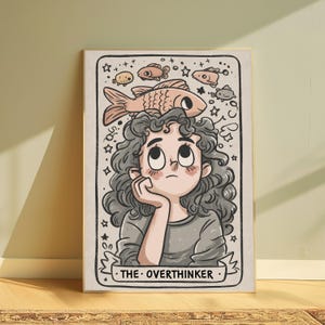 The Overthinker Girl with Fish Crown | Whimsical Portrait Print | Minimalist Wall Art | Digital Download A3 A2 A1 image 2